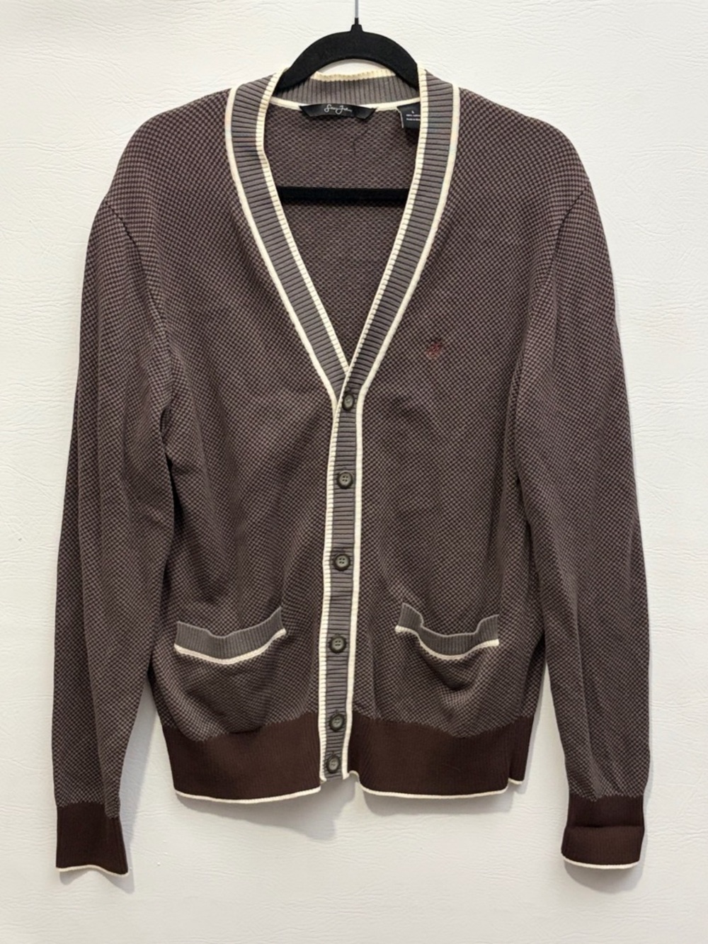 Sean John Men's Brown Textured V-Neck Cardigan with Contrast Trim Large